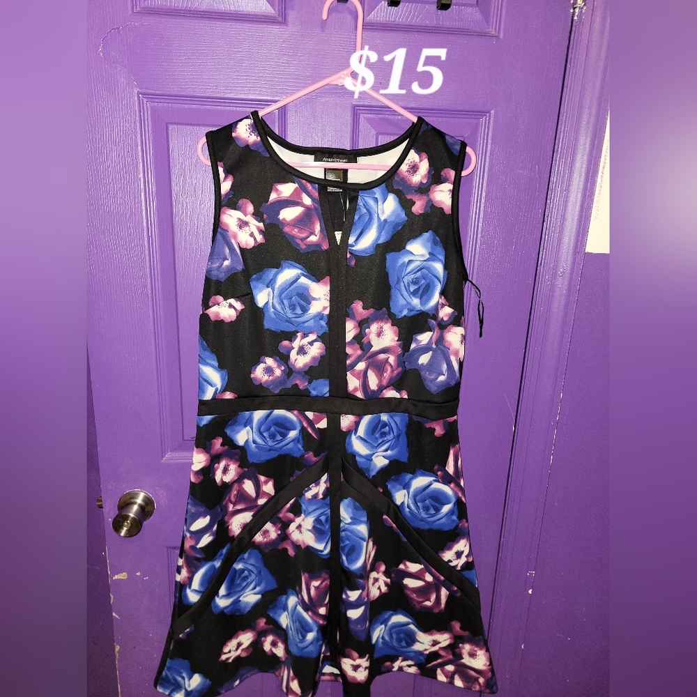 Ashley Stewart Black Dress with Blue and Purple Floral Design